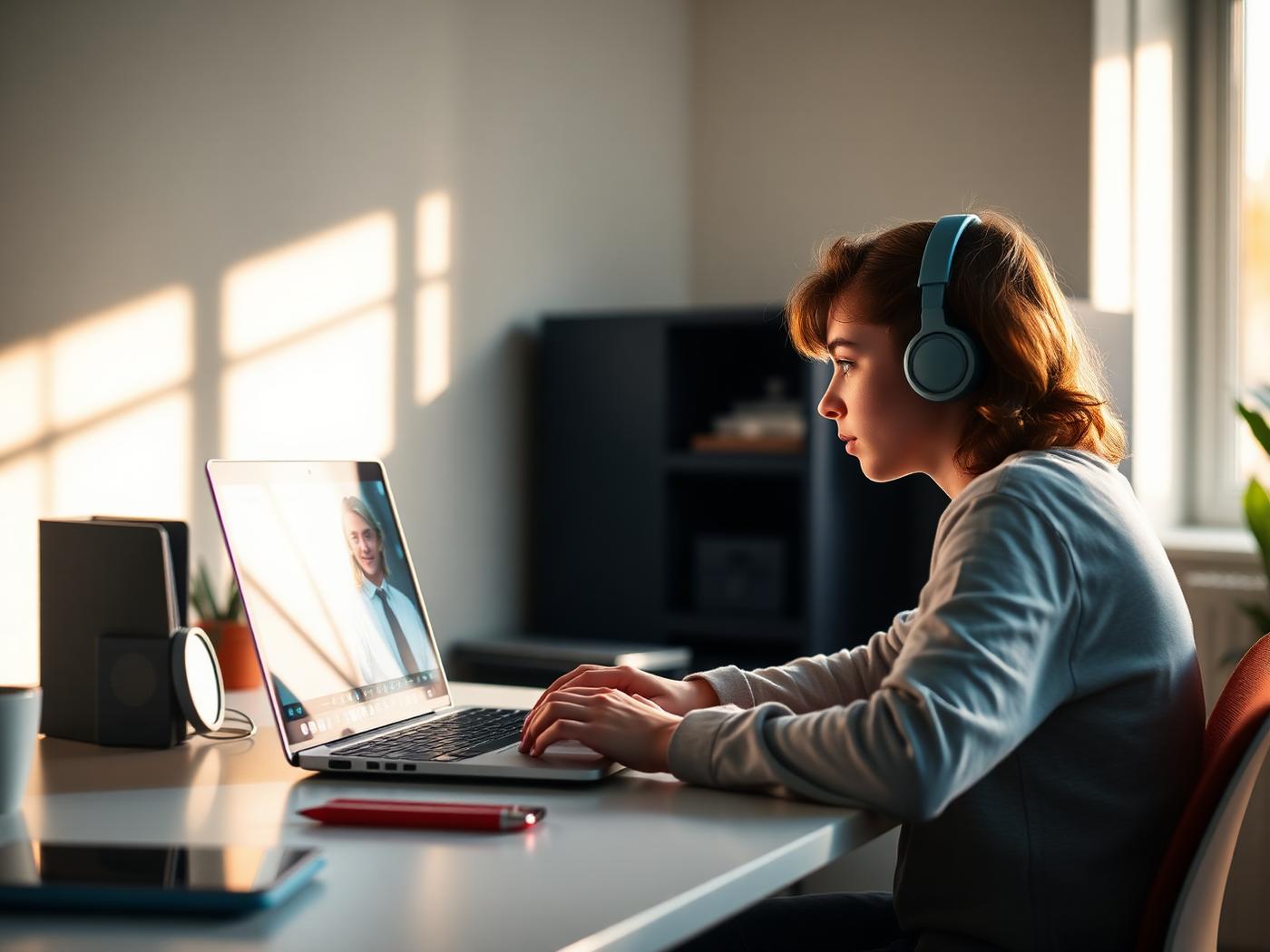 A student attending a live online tuition session at a bright desk